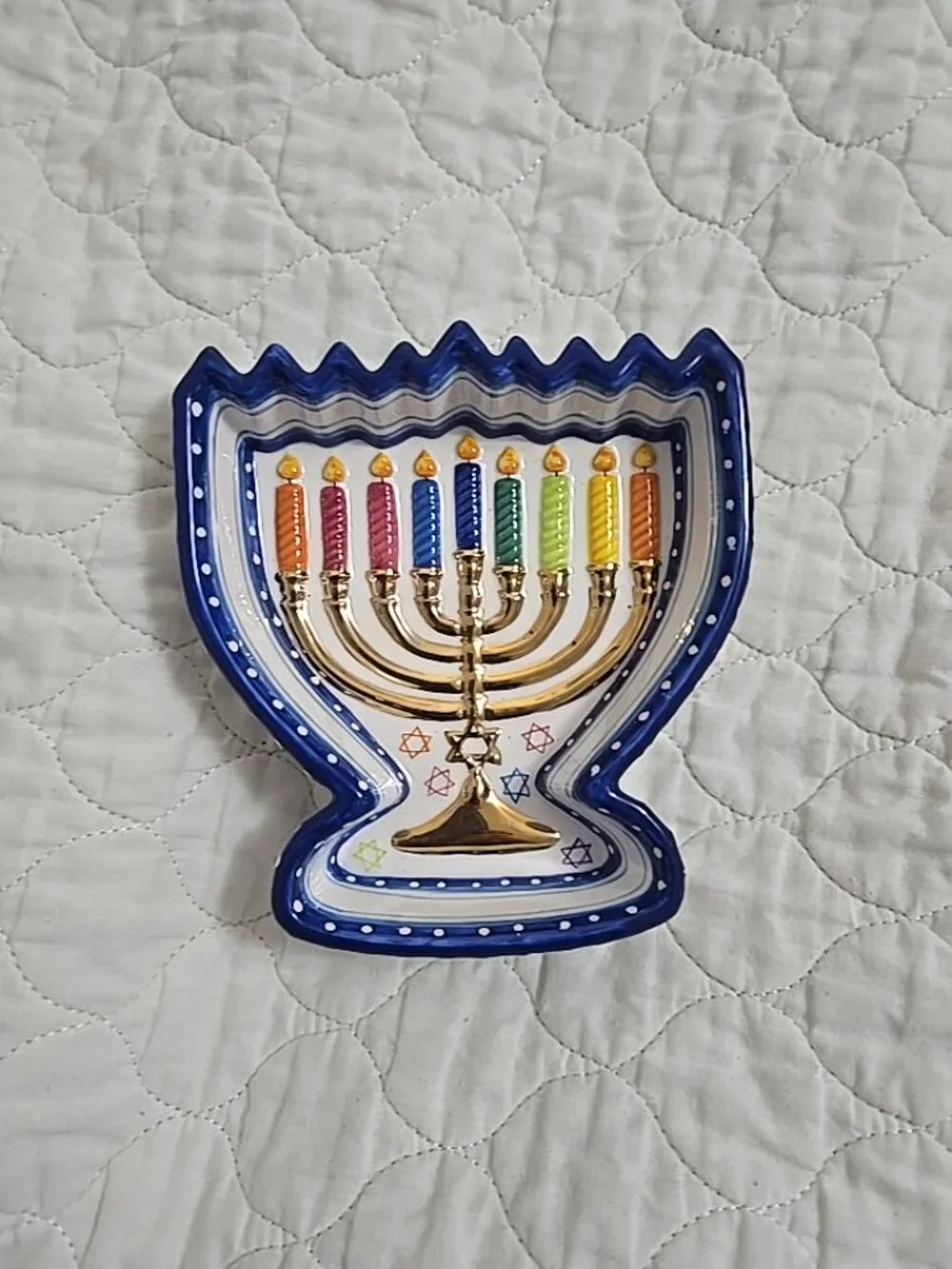 Menorah Shaped Candy Bowl Susan Fischer Weis Design Rainbow Design Ceramic Dish.